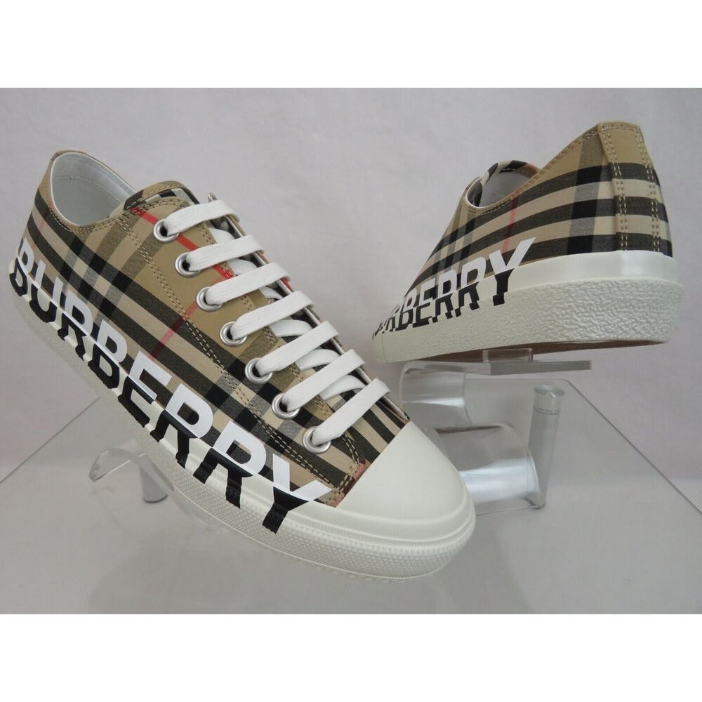 NIB BURBERRY LARKHALL BEIGE CHECK CANVAS LOGO WHITE CAP TOE UNISEX SNEAKERS 42 - Picture 1 of 13